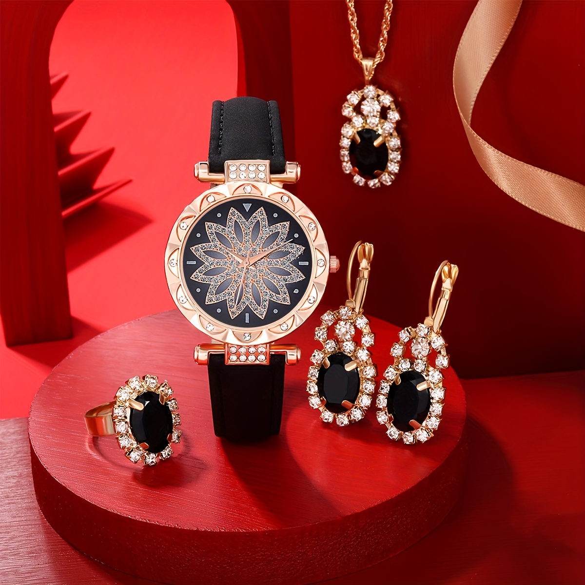 Luxury Watch Gift For Her - 럭셔리 라인스톤 쿼츠 시계, 반짝이는 꽃무늬