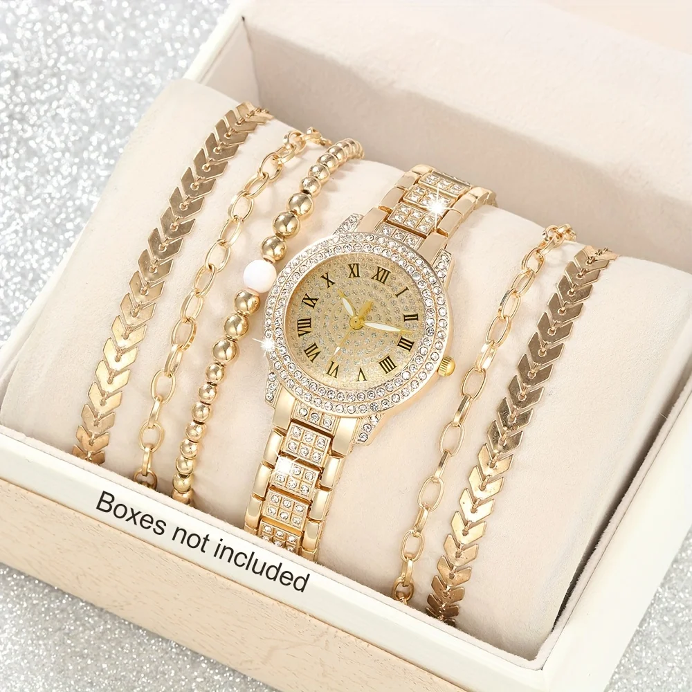 Luxury Watch Gift For Her - 여성용 럭셔리 라인석 쿼츠 시계, 골든