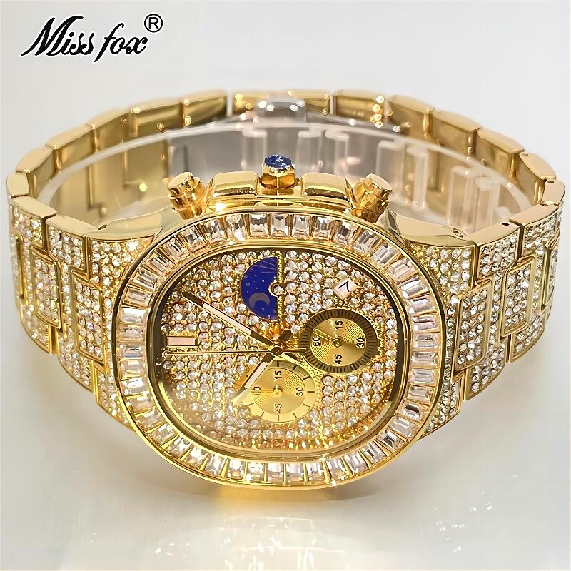 Luxury Watch Iceberg - MISSFOX 남성용 럭셔리 골드 시계, 아이스