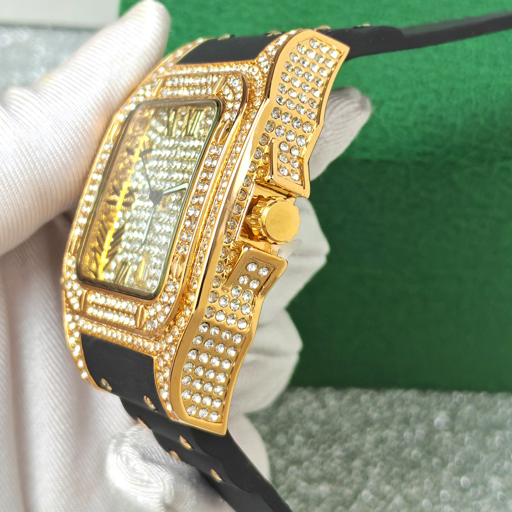 핫 패션 스퀘어 풀 다이아몬드 쿼츠 시계 남성용 러버  - Luxury Watch Iceberg 리뷰 및 가격