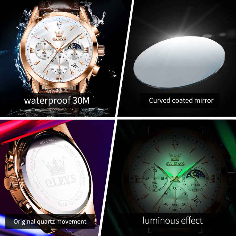 OLEVS 남성용 가죽 쿼츠 시계, 방수 야광 달력,  - Luxury Watch Magazine 리뷰 및 가격